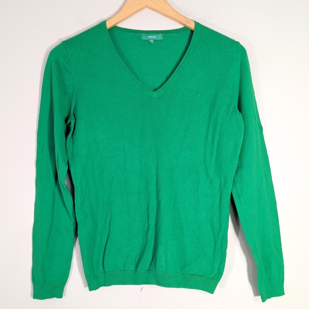 Montego Green Sweater; V-Neck Long Sleeve Pullover